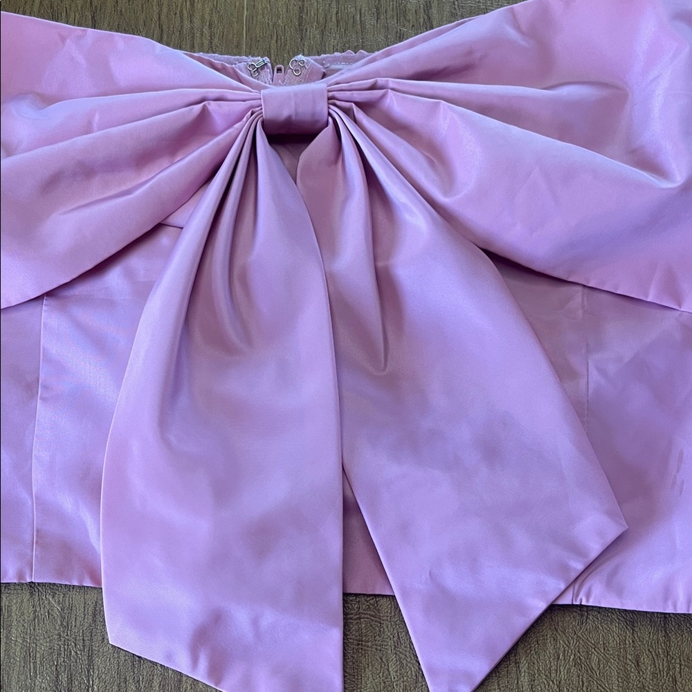 STAUD Dusty Pink Strapless Bow Crop Top, Satin Fabric, Stretchy Back, Sz L - Picture 5 of 11